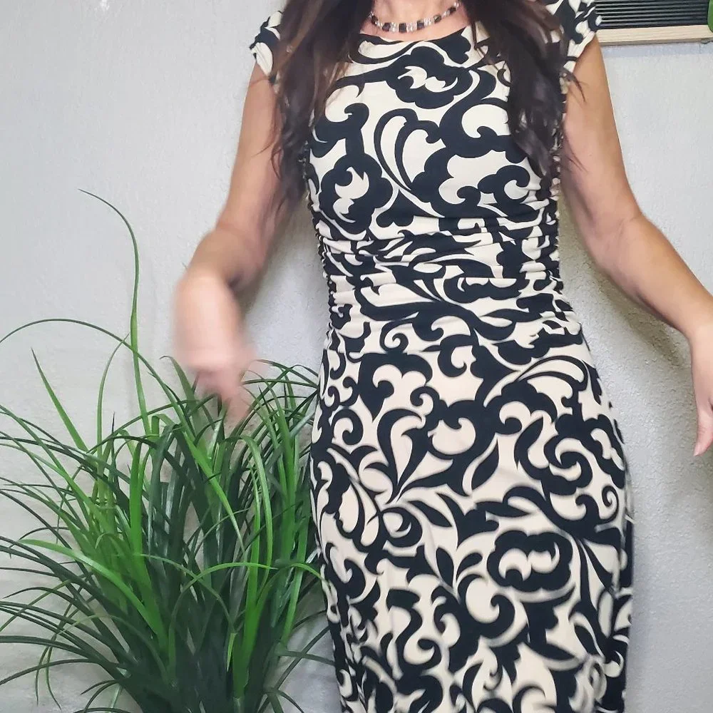 Enfocus Studio I Cream/Black Vine Patterned A-Line Scoop Neck Ruched Dre… - Picture 14 of 14